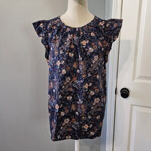LOFT Navy Floral Flutter-Sleeve Tunic with Rust Accents